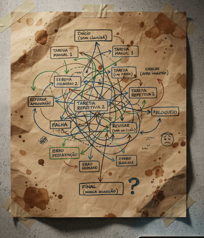 Fluxograma manual e caótico representando ineficiência